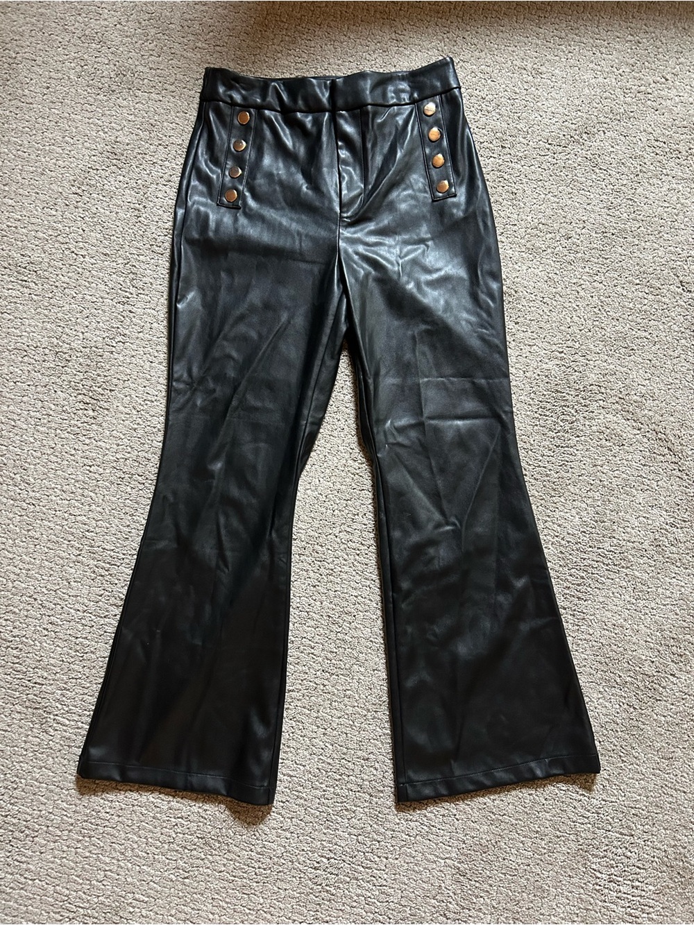 INC International Concepts Black Faux Leather Flare Jeans boot cut/ Gold Buttons